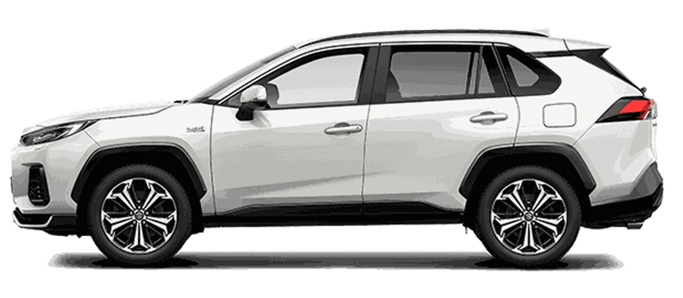 Seitlich fotografierter Suzuki Across Plug-in Hybrid in White Pearl Cristal Shine.