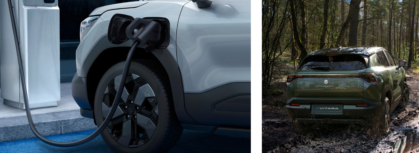 Ein grüner und ein blauer Suzuki e VITARA Ein grüner und ein blauer Suzuki e VITARA