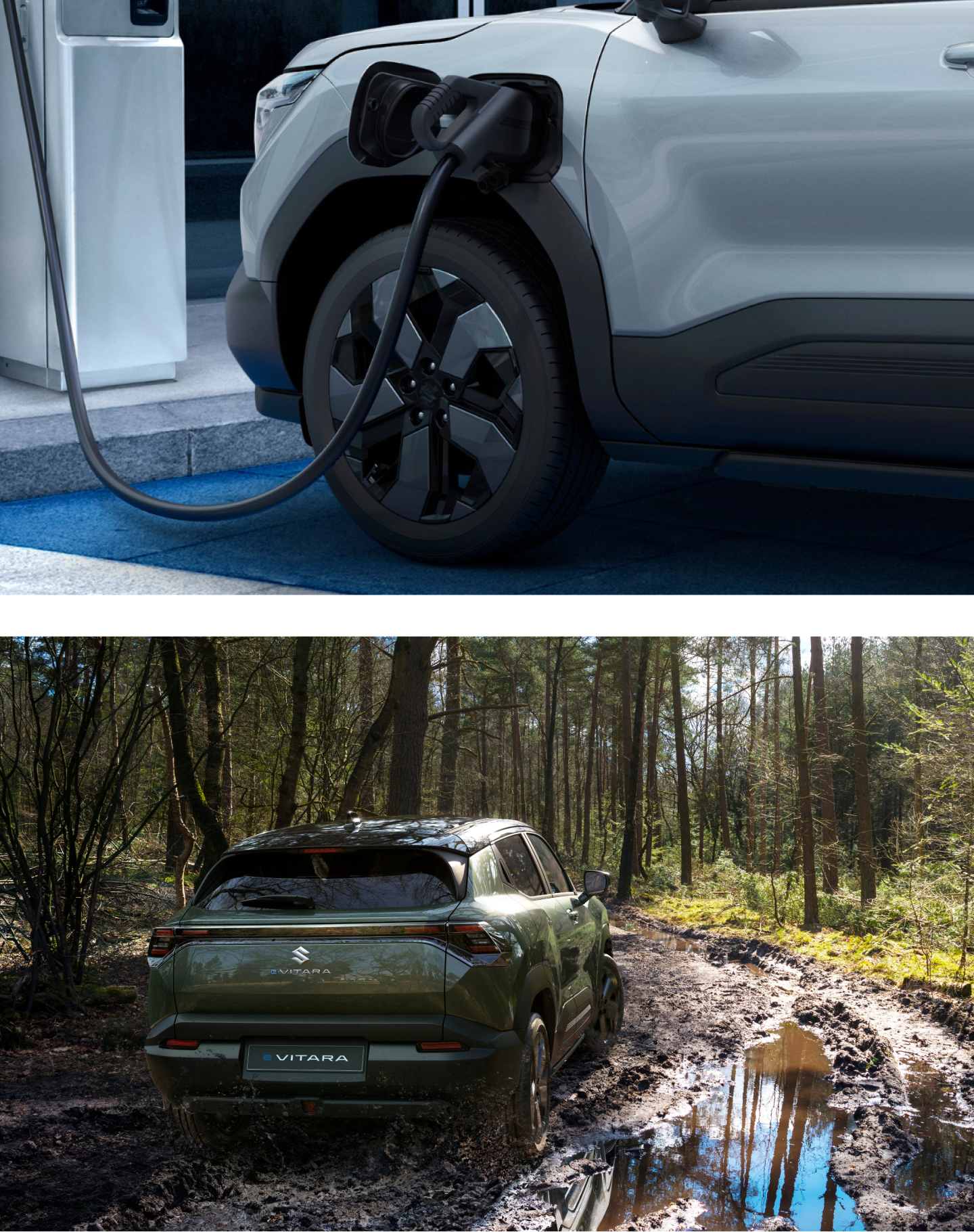 Ein grüner und ein blauer Suzuki e VITARA Ein grüner und ein blauer Suzuki e VITARA
