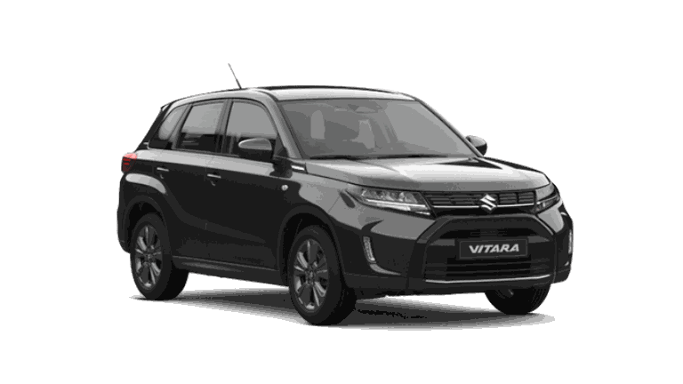 Ein Suzuki Vitara Hybrid in Cosmic Black Pearl Metallic leicht seitlich fotografiert.