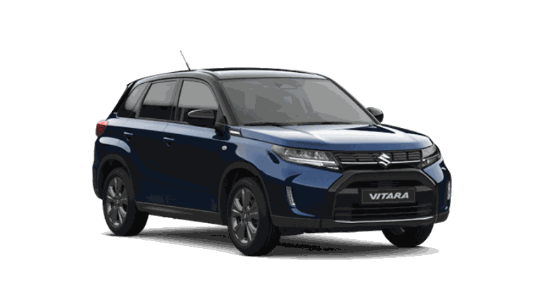 Ein Suzuki Vitara Hybrid in Solar Yellow Pearl Metallic leicht seitlich fotografiert.