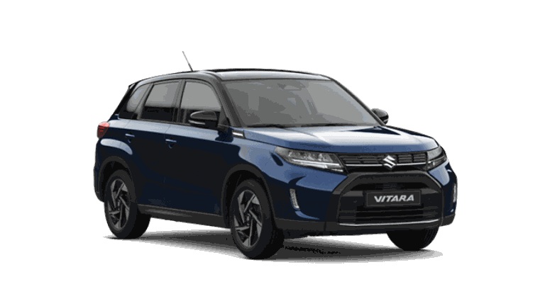 Ein Suzuki Vitara Hybrid in Blue Pearl Metallic leicht seitlich fotografiert.