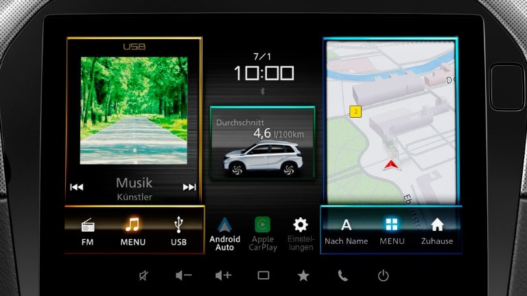vitara-touchscreen-small.jpg Detailaufnahme des Audiodisplays eines Suzuki Vitara Hybrid.