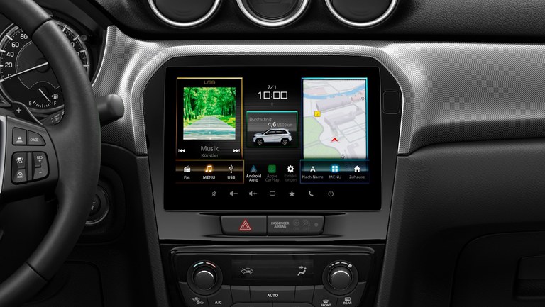 vitara-touchscreen.jpg Darstellung der Konnektivität im Farb-Touchscreen des Suzuki Vitara Hybrid.